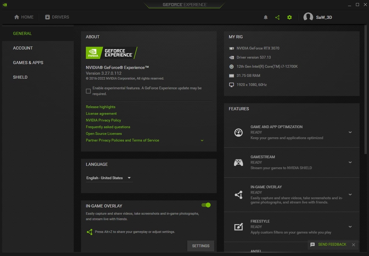 Nvidia Geforce Experience (screenshot, photo)