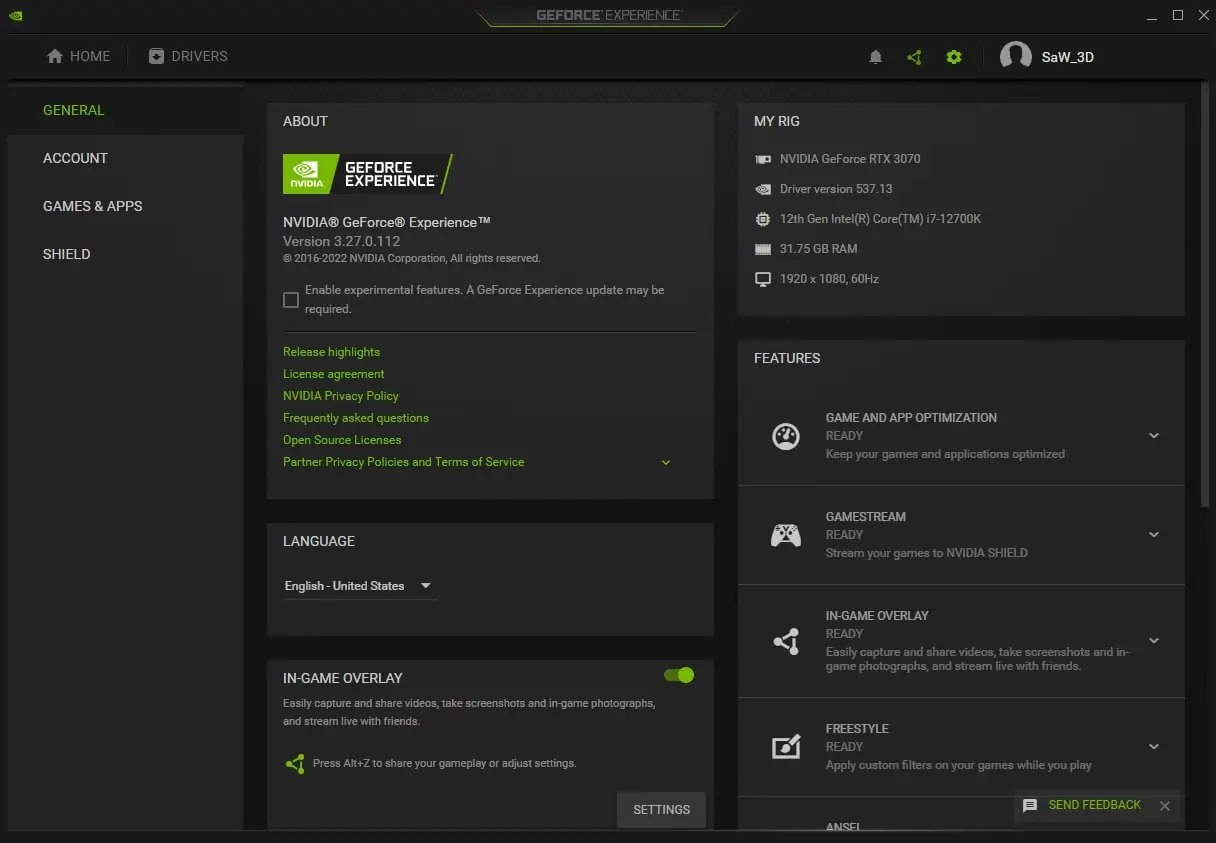 Nvidia Geforce Experience (screenshot, photo)