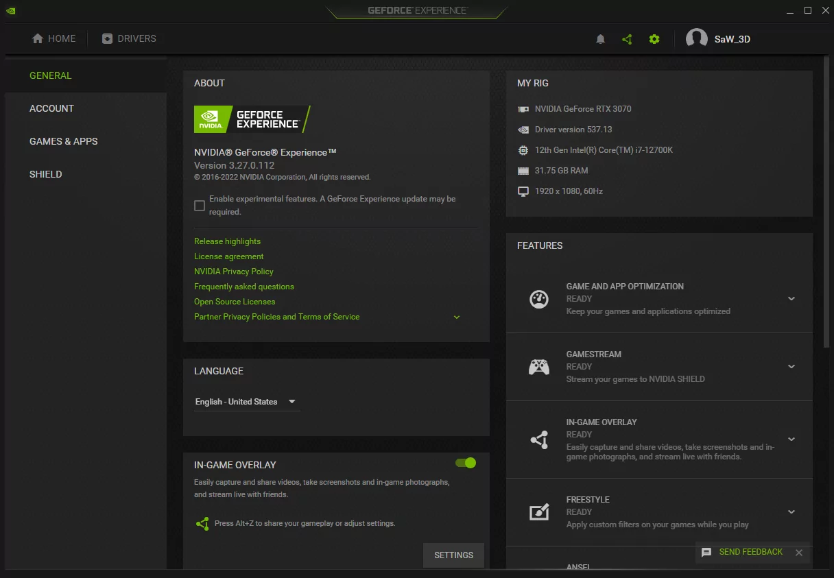 Nvidia Geforce Experience (screenshot, photo)